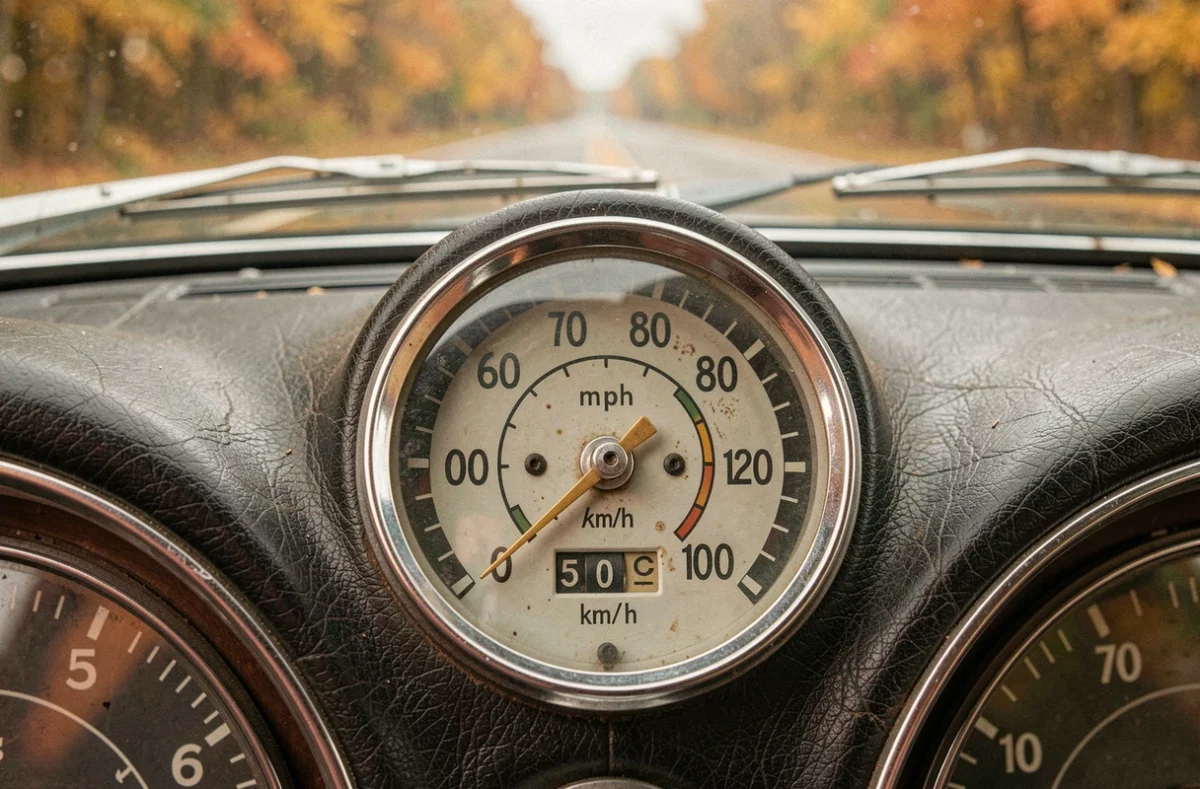 Gros plan sur un compteur de vitesse vintage affichant simultanément les miles par heure et les kilomètres par heure dans un tableau de bord de voiture classique