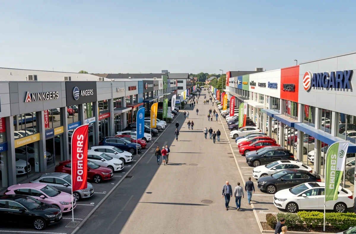 Vue panoramique des concessions multimarques de l'agglomération angevine avec plusieurs enseignes automobiles alignées sur un boulevard commercial