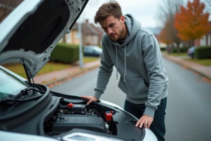 Conducteur débutant inspectant le moteur d'une Peugeot 208 après l'apparition du code défaut P1445