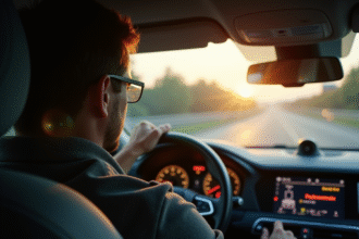 Conducteur inquiet dans une voiture avec message d'alerte