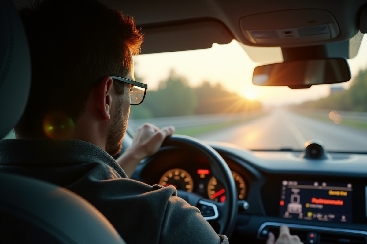 Conducteur inquiet dans une voiture avec message d'alerte