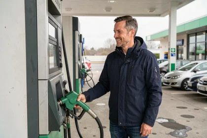 Conducteur en train de faire le plein avec du carburant E85 à une station-service, tenant le pistolet vert bioéthanol inséré dans le réservoir de sa voiture
