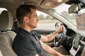 Conducteur professionnel au volant d'une voiture radar privée sur une route suburbaine, avec un appareil radar visible sur le tableau de bord