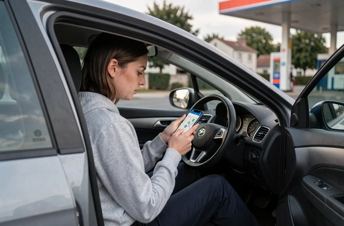 Conductrice assise dans sa voiture consultant une application mobile pour localiser une station-service proposant du carburant E85 bioéthanol
