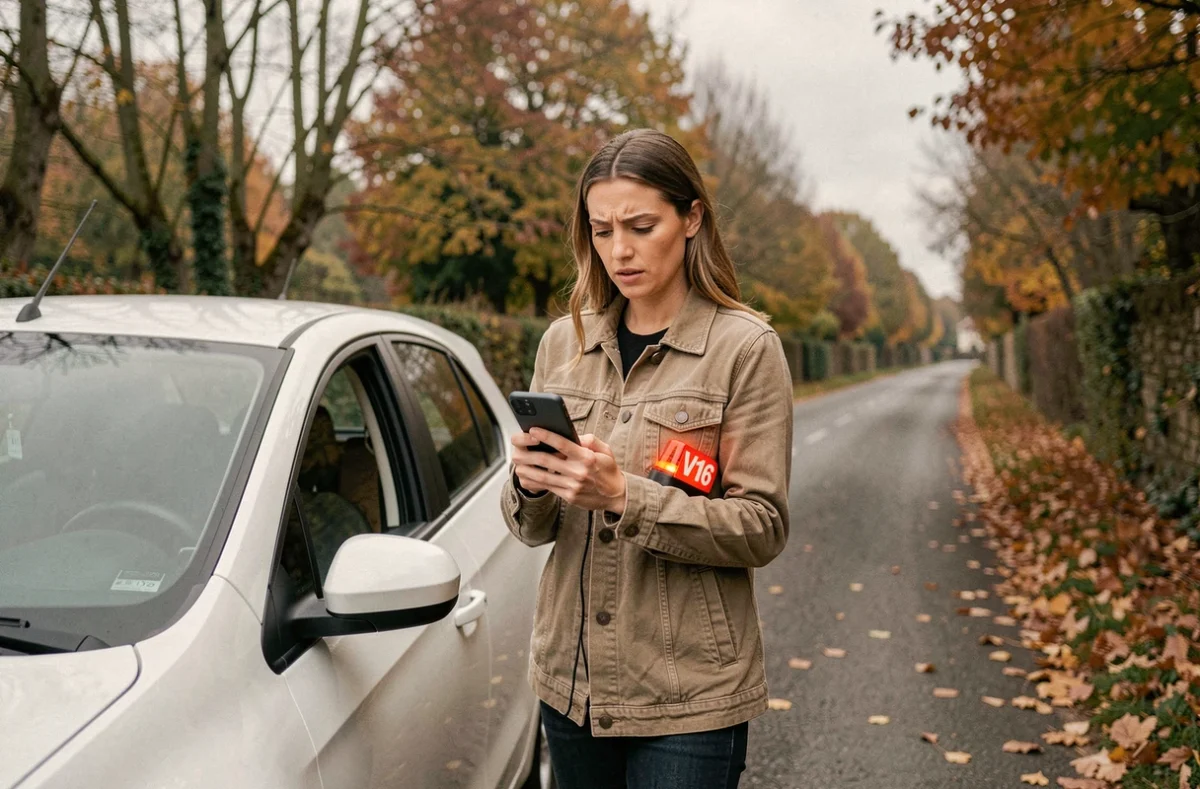 Conductrice consultant son téléphone pour utiliser une balise V16 lors d'une panne sur une route de campagne française