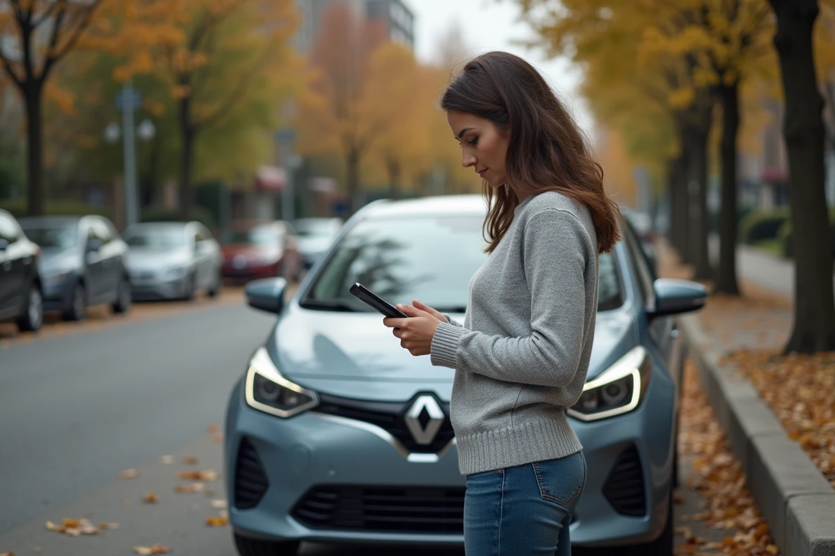 Femme consultant son smartphone devant sa voiture compacte équipée d'un moteur TCe dans une rue résidentielle