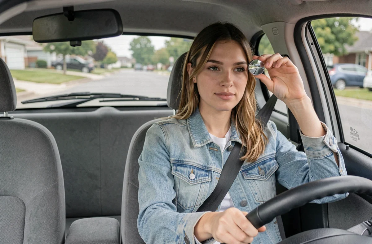 Jeune femme au volant d'une voiture sans permis, vue de l'intérieur avec ceinture attachée