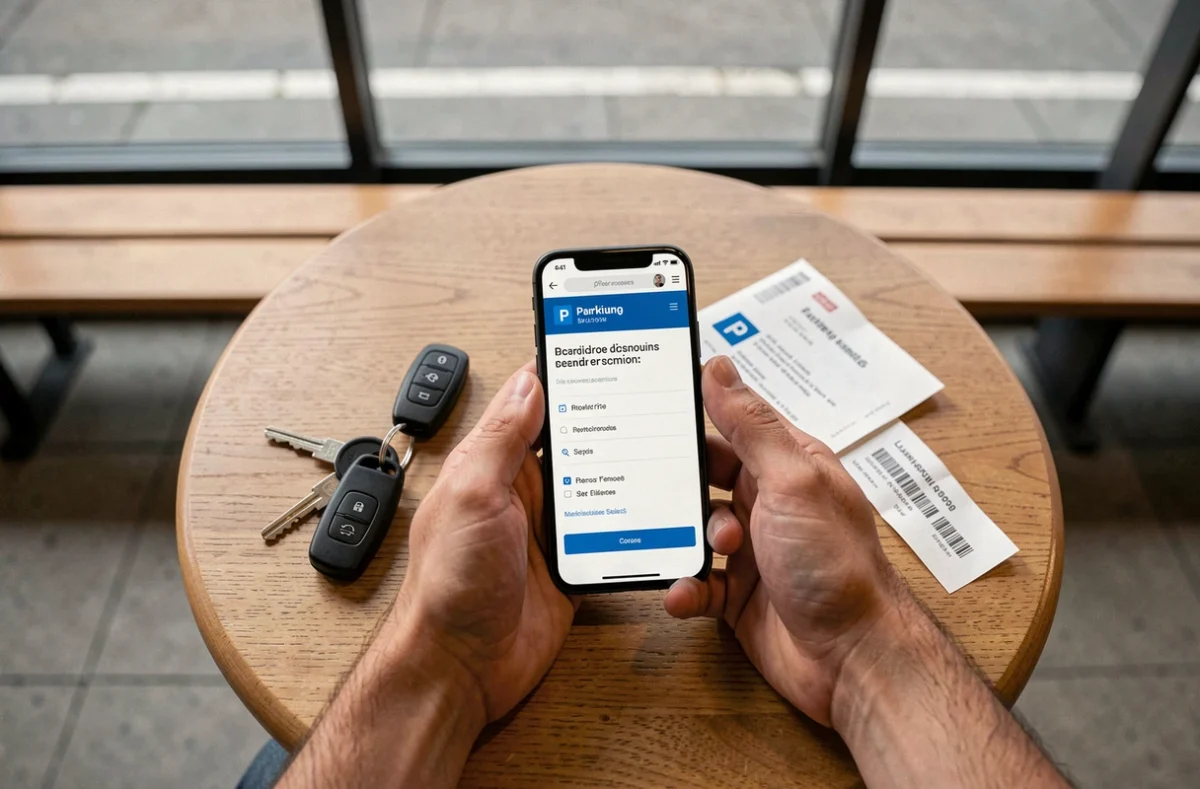 Confirmation de réservation de parking gare de Valence affichée sur smartphone avec clés de voiture