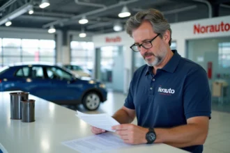 Conseiller Norauto examinant un document de carte grise au comptoir d'accueil d'un centre auto moderne