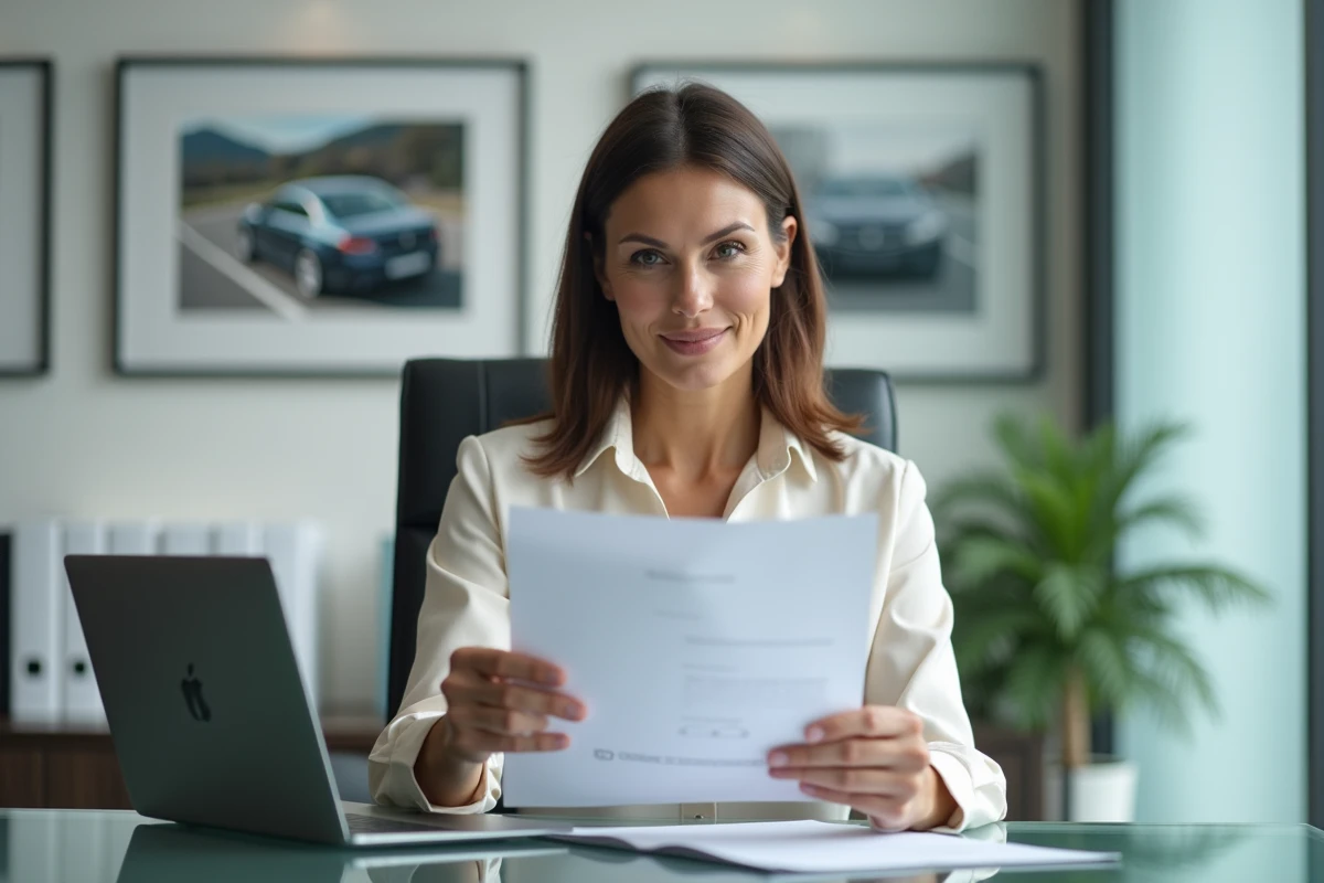 Une conseillère automobile analysant des avis clients dans un bureau de vente automobile prestige