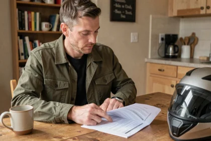 Homme consultant ses papiers d'assurance moto à la maison avec un casque posé sur la table