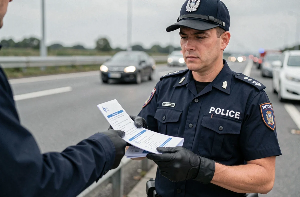 Policier contrôlant les papiers d'assurance moto lors d'un contrôle routier