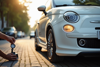 Personne vérifiant la pression du pneu d'une Fiat 500 blanche