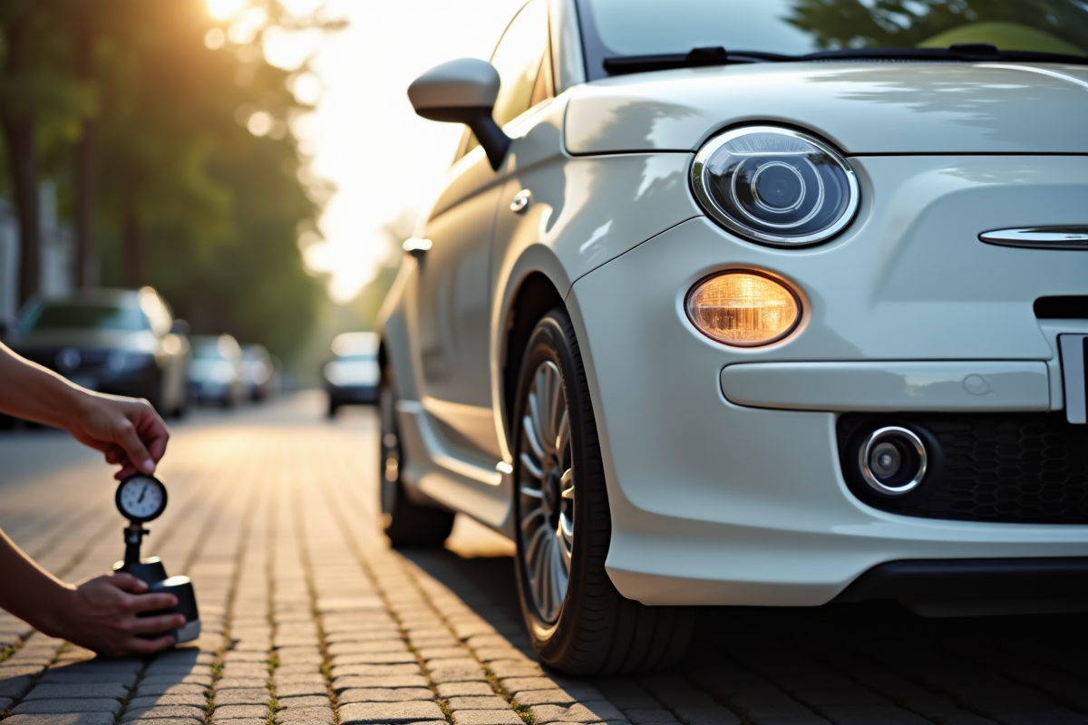 Personne vérifiant la pression du pneu d'une Fiat 500 blanche