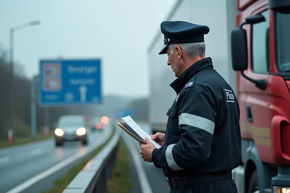 Contrôle routier d'un poids lourd par un agent des forces de l'ordre sur autoroute