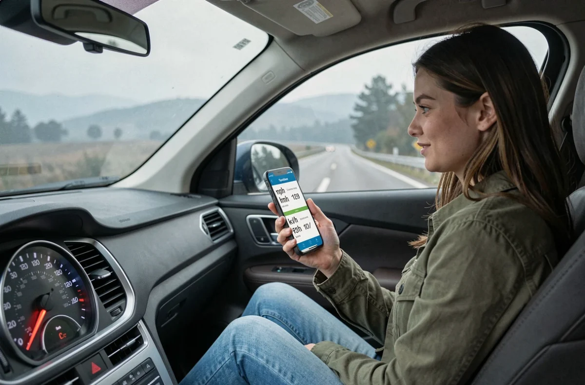 Femme consultant une application de conversion miles en km/h sur smartphone dans un SUV avec une route de campagne en arrière-plan