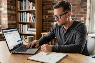 Ingénieur convertissant des miles en kilomètres sur un ordinateur portable avec des notes manuscrites sur un bureau en bois