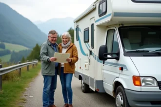 Couple de voyageurs devant un camping car occasion Autostar garé en bord de route alpine lors d'un long voyage en Europe