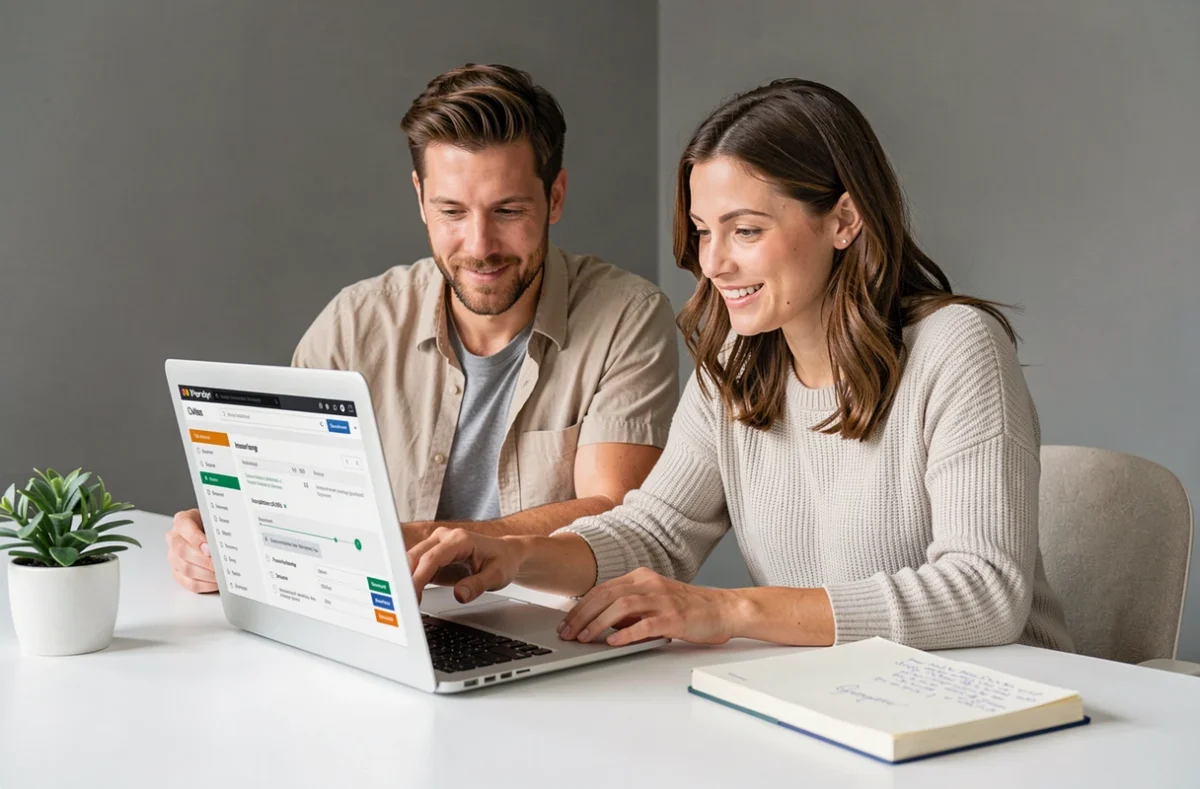 Couple consultant une offre d'assurance voiture en ligne ensemble à domicile