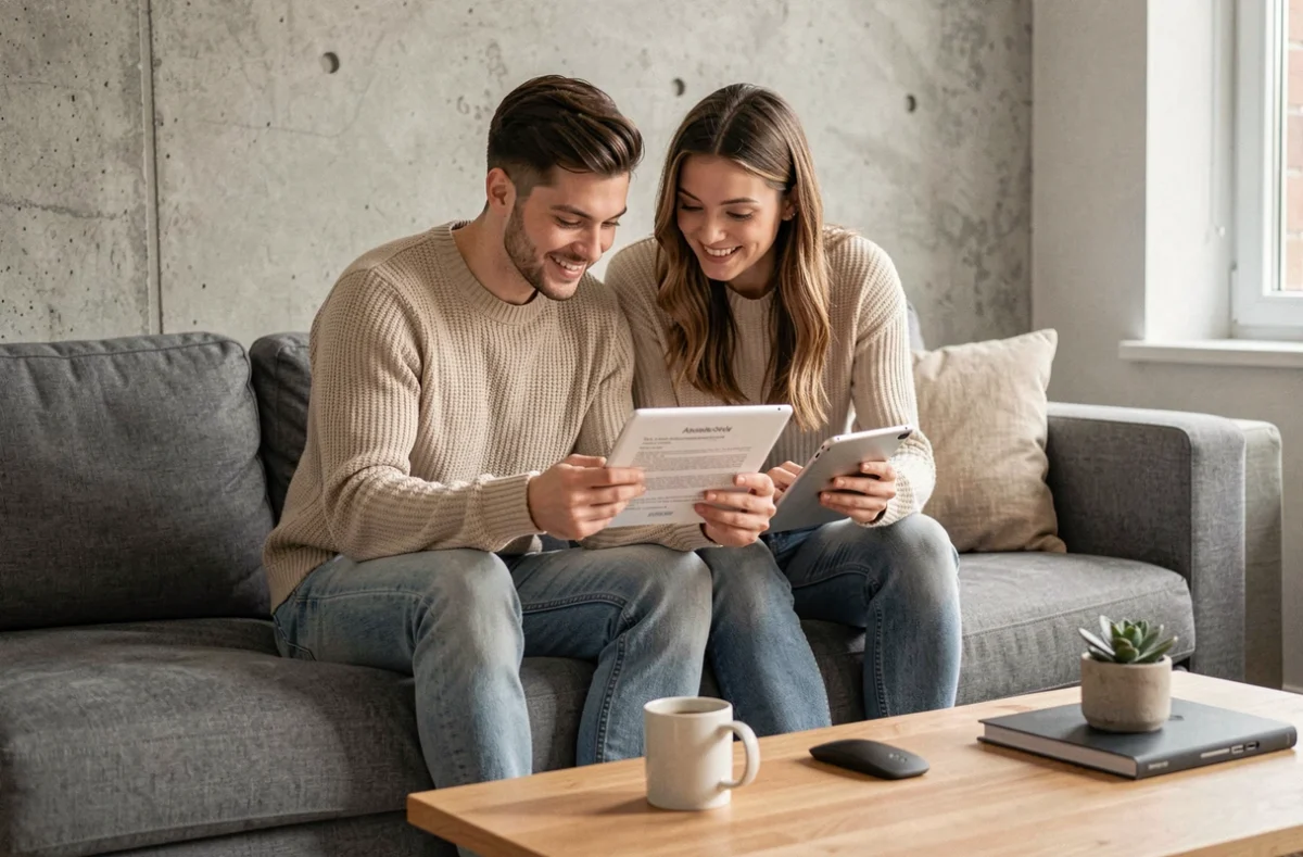 Couple consultant un contrat d'assurance auto sur tablette dans leur appartement