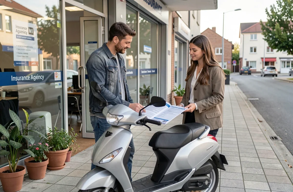 Couple étudiant un contrat d'assurance scooter 125cc devant une agence d'assurance