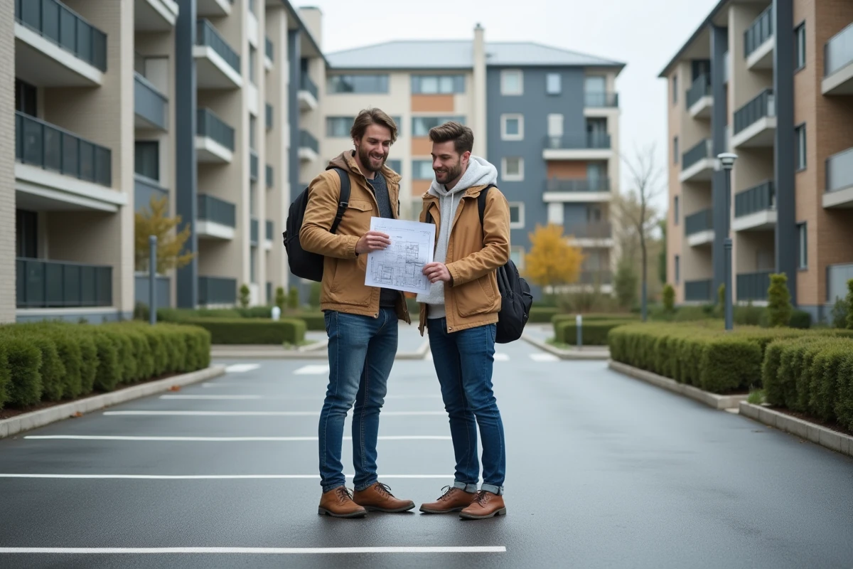 Couple étudiant le plan d'un parking résidentiel extérieur avec des places aux dimensions réglementaires