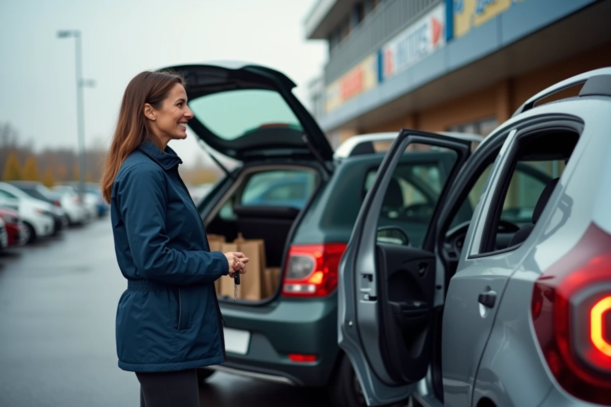 Femme chargeant ses courses dans une Dacia Sandero dans un parking de supermarché