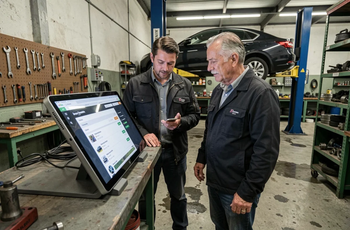 Deux professionnels de l'automobile analysant une plateforme de balise auto en ligne sur une tablette dans un atelier de garage