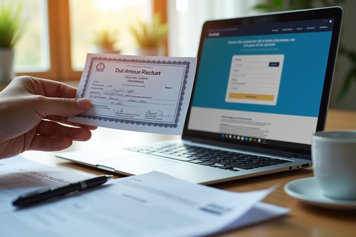 Main tenant une carte grise avec un ordinateur portable en fond