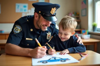 Policier aidant un enfant à colorier un dessin de voiture de police à imprimer