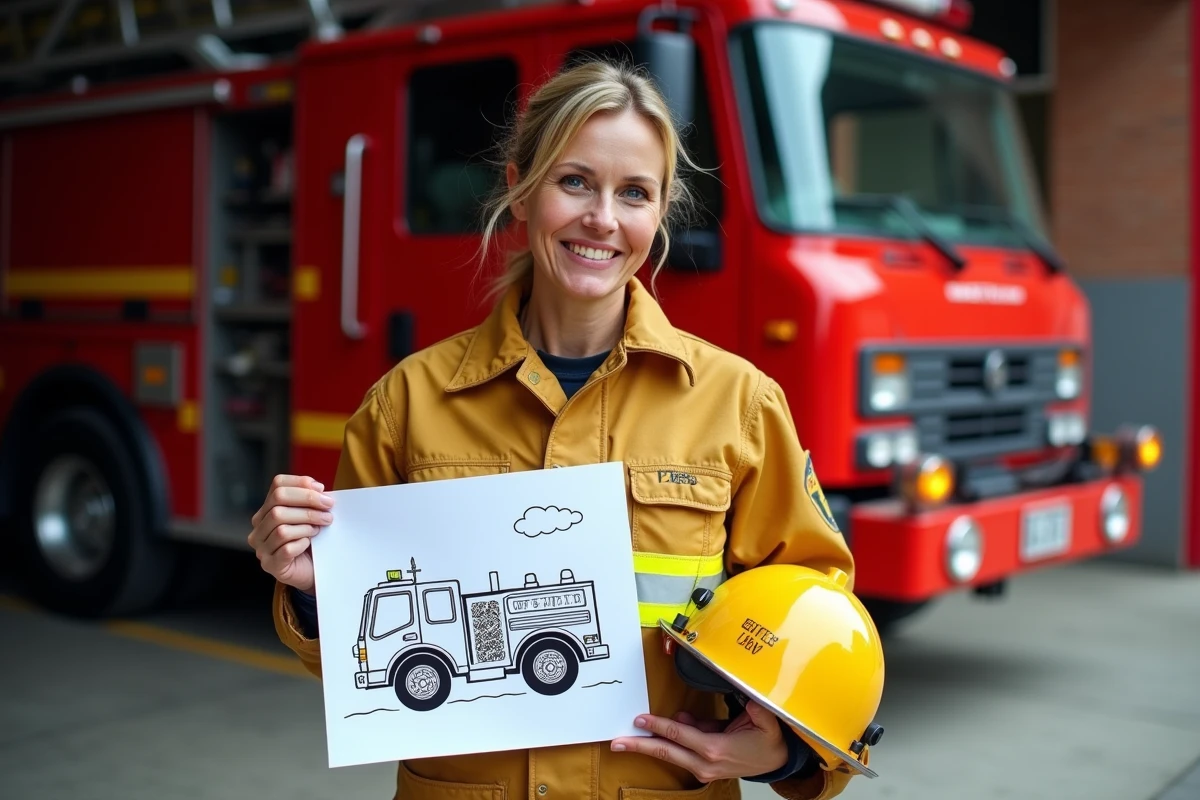 Pompière tenant un dessin de camion de pompier à colorier devant une caserne