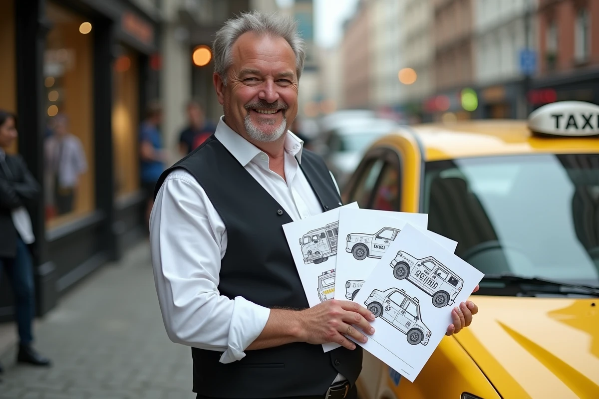 Chauffeur de taxi tenant des dessins de véhicules à imprimer dans une rue animée
