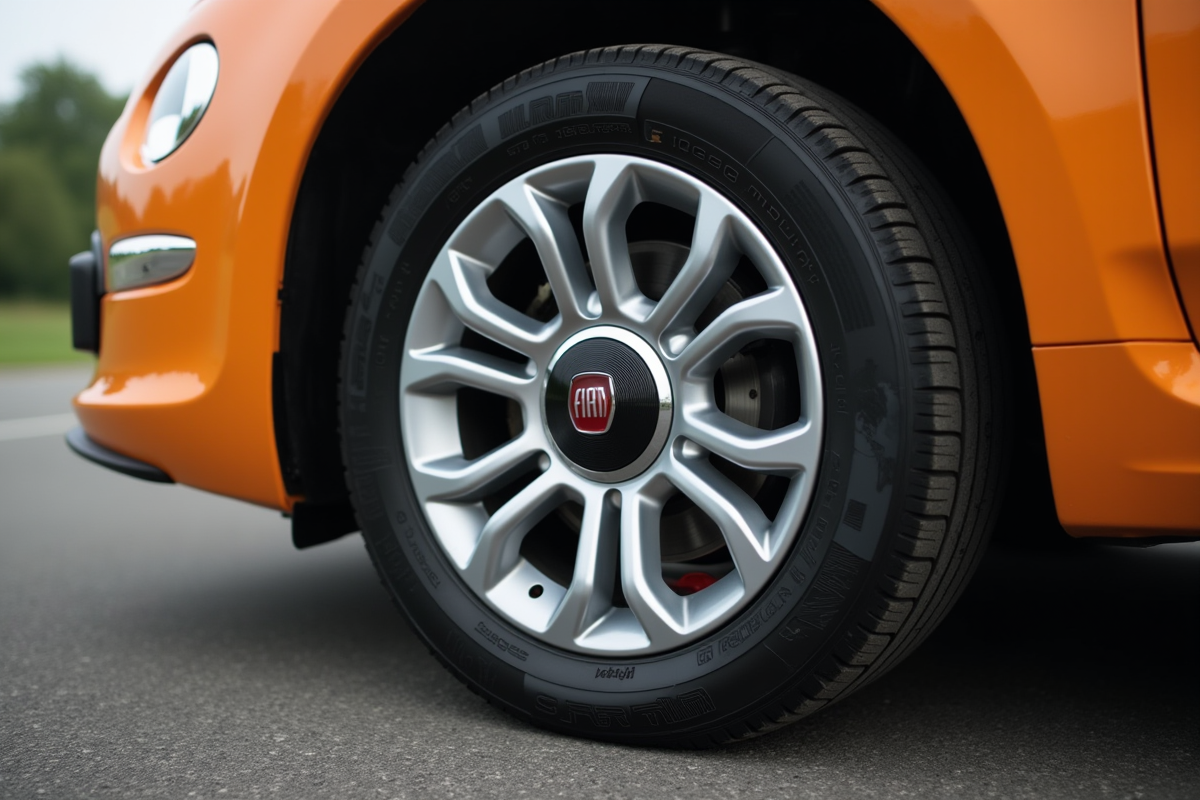 Gros plan sur la roue et la valve de la Fiat 500 propre