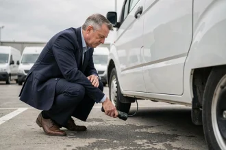 Responsable de flotte automobile utilisant un détecteur de traceur GPS sous un véhicule d'entreprise dans un parking professionnel