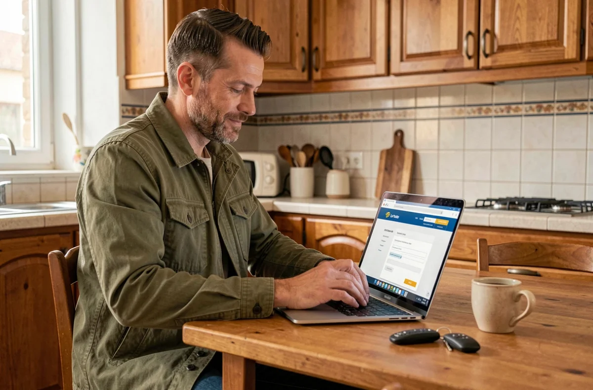 Un homme comparant des devis assurance auto en ligne sur le site de La Poste depuis chez lui