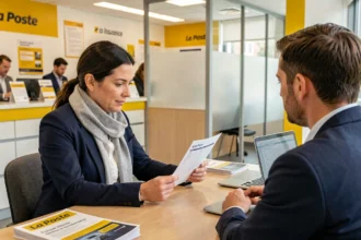 Une femme obtenant un devis assurance auto auprès d'un conseiller dans une agence La Poste
