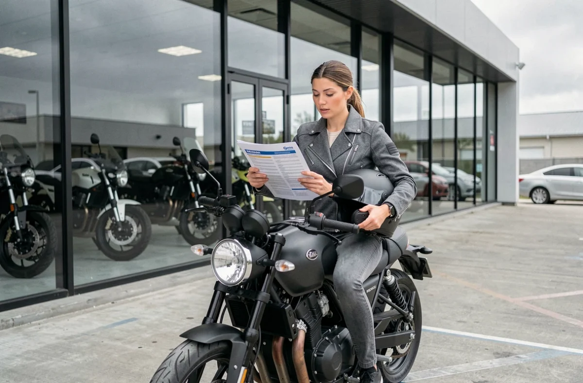 Femme motarde consultant un devis d'assurance pour moto 500cc devant une concession