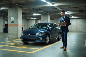 Agent immobilier mesurant les dimensions d'une place de parking souterraine dans un garage béton moderne