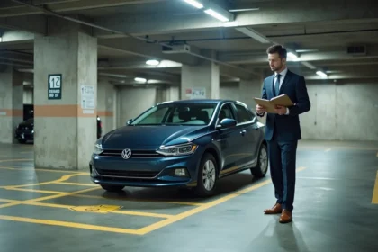 Agent immobilier mesurant les dimensions d'une place de parking souterraine dans un garage béton moderne