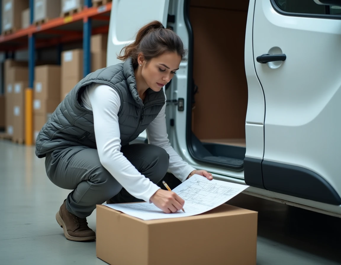Femme consultant un plan technique des dimensions du Renault Trafic 2 L1H1 devant la porte coulissante ouverte du véhicule utilitaire dans un entrepôt de stockage