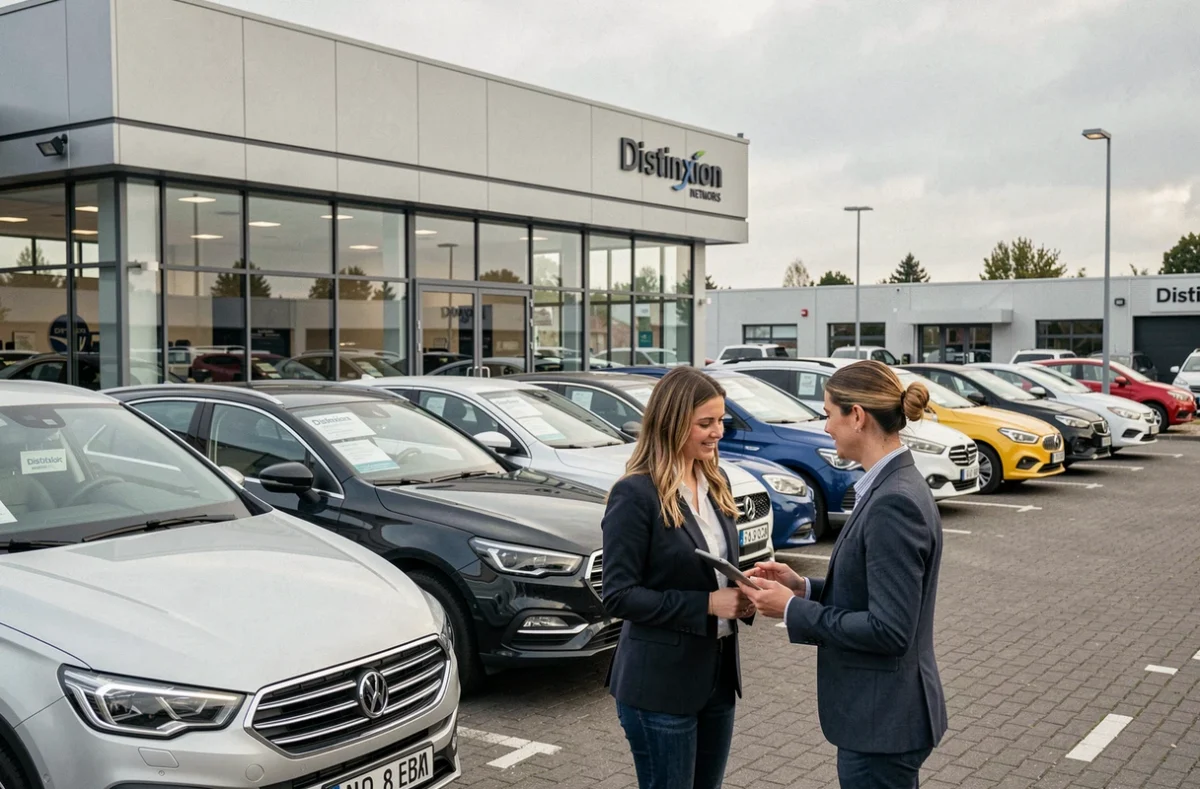 Conseillère commerciale de Distinxion Angers présentant des véhicules d'occasion à un couple sur le parvis de la concession