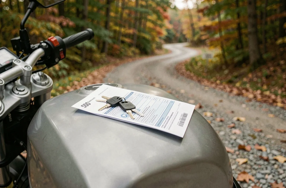 Documents d'assurance moto 500cc posés sur le réservoir d'une moto garée en forêt