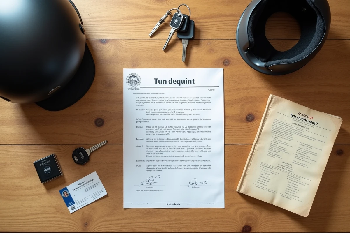 Vue de dessus d'un bureau avec un certificat BSR, une carte grise de scooter, des clés et un code de la route