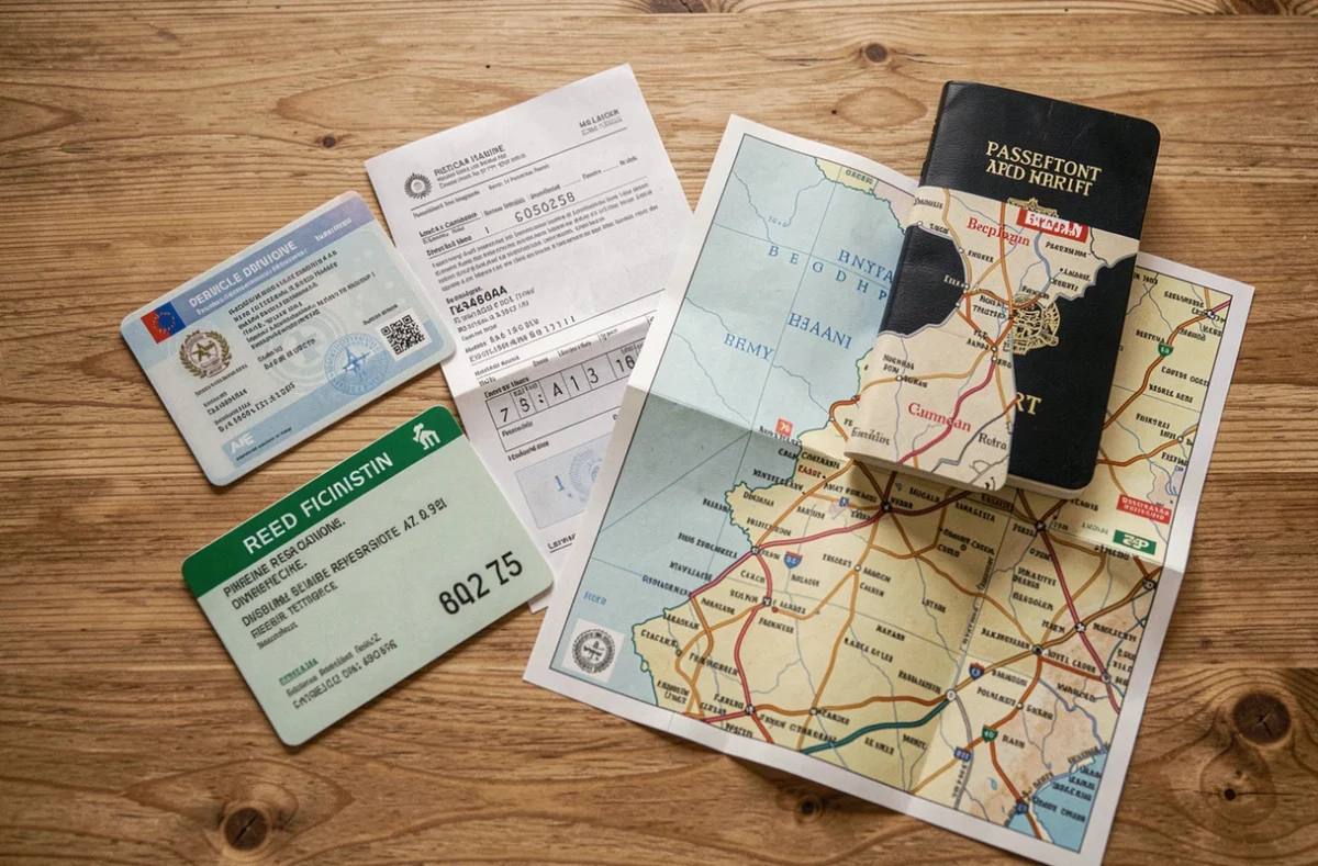 Vue du dessus des documents indispensables à préparer pour partir en voiture à Bruxelles, dont permis de conduire, carte verte et passeport
