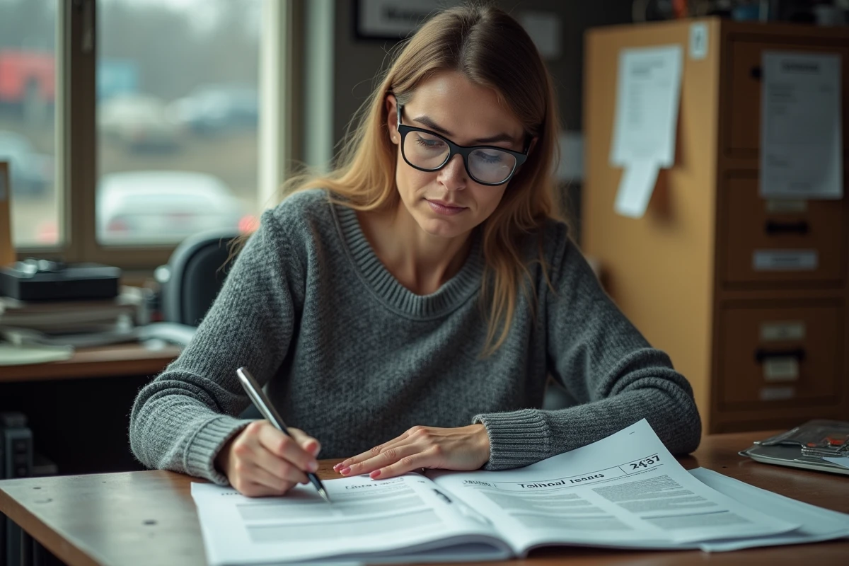 Employée de casse automobile vérifiant les documents obligatoires pour la reprise d'un véhicule hors d'usage