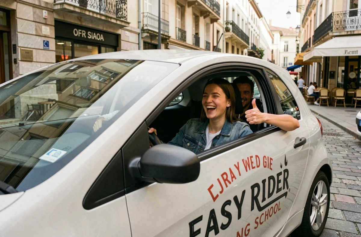 Jeune femme souriante au volant d'un véhicule Easy Rider après un créneau réussi dans une rue commerçante de Toulouse