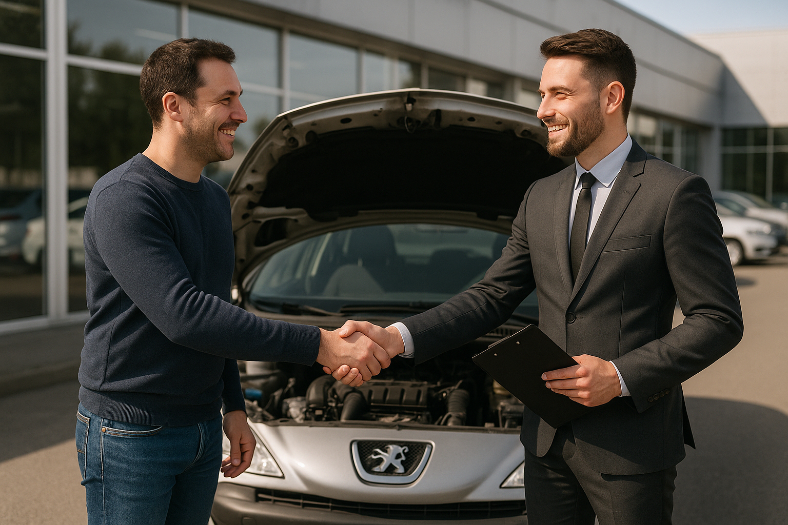 Vendeur et client se serrant la main devant une voiture Peugeot d