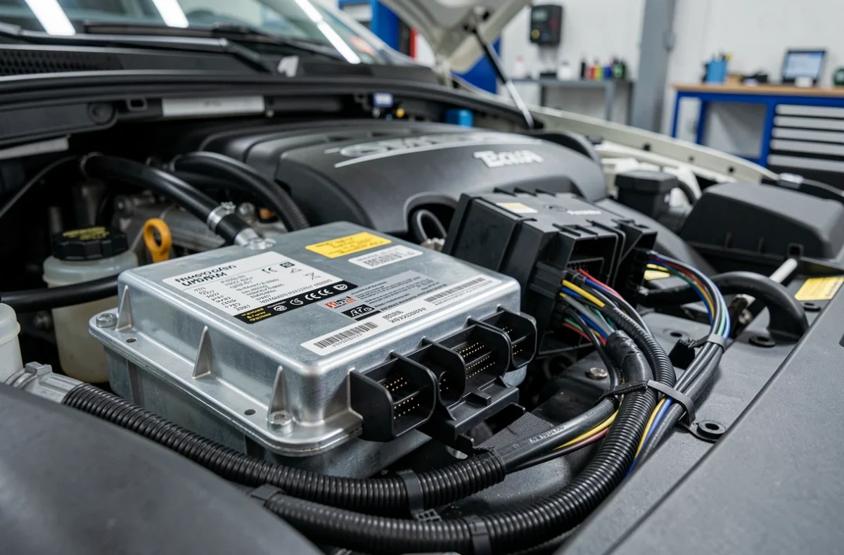 Gros plan sur l'unité de contrôle moteur ECU déconnectée lors d'un processus de reprogrammation ou de retour aux paramètres d'origine