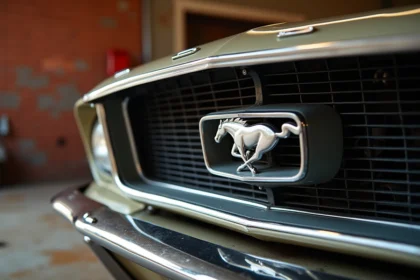 Emblème cheval cabré Ford Mustang en chrome sur une Mustang 1967 dans un garage américain vintage