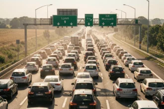 Embouteillage sur une autoroute française lors d'un chassé-croisé estival avec des dizaines de véhicules immobilisés